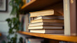 © A2Z AI  - A simple composition of many books, stack or pile of books on wooden table, one of them open with copy space.
