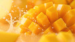 a close up of a mango with water splashing on the bottom of the image and a splash of water on the bottom of the image 
