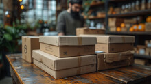 Business With Shipments, Cardboard Shipping Boxes On The Table