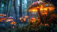Fantasy Forest, Glowing Mushrooms, Mystical Creatures Peering Through Foliage