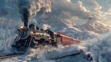 Historic Steam Train Chugging Through A Snowy Landscape, Nostalgia And Adventure