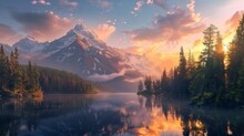 Majestic Landscape With A Large Lake And Large Mountains With Green Pine Trees And A Purple Sunset In High Resolution And Quality. Beautiful Landscapes Concept