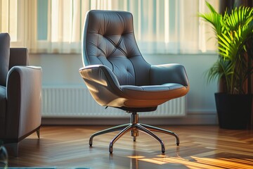 Beautiful office chair in the interior of a modern living room, photographic quality --ar 3:2 --v 6 Job ID: f2a4f08c-e197-49d5-8508-c19927048f6f