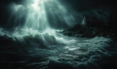 Ocean opening in biblical event of Moses. Opening of the Red Sea.