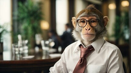 Wall Mural - A monkey wearing glasses and a tie sitting at a table. Generative AI.