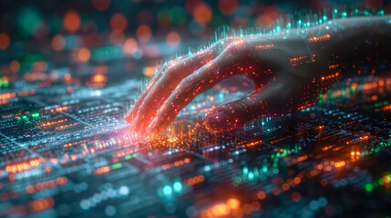 Poster - Finger touching digital hologram. Futuristic technology concept