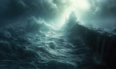 Ocean opening in biblical event of Moses. Opening of the Red Sea.