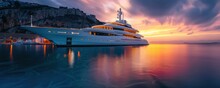 Superyacht At Twilight, Luxury At Sea, Tranquil Waters