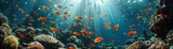 Fototapeta Do akwarium - Underwater coral reef teeming with vibrant fish, sunlight filtering through