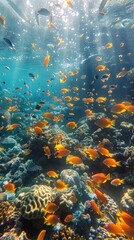 Wall Mural - Underwater coral reef teeming with colorful fish, sunlight shafts