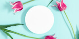 Fototapeta Tulipany - Flowers composition romantic. Pink flowers tulips on pastel blue background with white empty circle for text or advert. Valentines Day, Easter, Birthday, Mother's day. Flat lay, top view, copy space