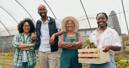 Wall Mural - Farm, agriculture or face of farmers with basket of vegetables, harvest or fresh produce. Farming sustainability, greenhouse or happy people with teamwork or crate of organic, natural or healthy food