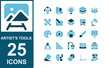 © Yudhi - artist tools icon set duo tone style.solid blue.contains vision,ruler and pencil,sketchbook,cube,painting,table lamp,paint palette.vector illustration