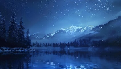 Wall Mural - lake in dark night with blue sky Generative AI