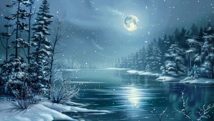 Wall Mural - winter night full moon lake scene Generative AI