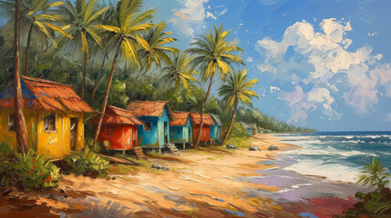 Sticker - Small huts on the beach in the Caribbean with palm trees around them