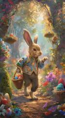 Wall Mural - Anthropomorphic Easter Bunny in Enchanted Dawn Garden - Easter Bunny's Playful Hide-and-Seek in Enchanted Garden - Easter Bunny - Easter - Easter Eggs - Chocolate