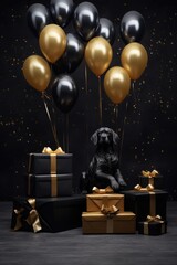 Sticker - gifts, gold and black helium party balloons. Space for text. invitation to sale on black friday day