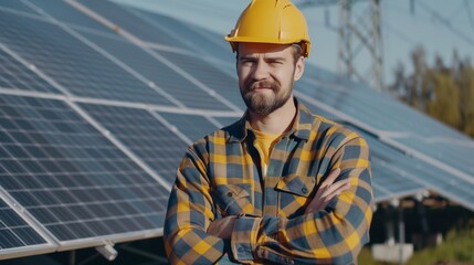 Wall Mural - Solar environment, man and portrait of engineering industry, happy technician, manager and renewable energy of building, future innovation and architecture of electricity, sustainability and sun grid