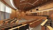 A wood panelled university lecture theatre/conference hall