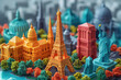 World landmarks travel - Eiffel tower, Liberty statue, USA, Europe, France, miniature origami
