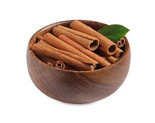 Cinnamon sticks and green leaf in bowl isolated on white