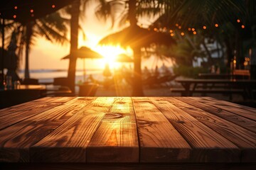 Wall Mural - Empty wooden table top product exhibition stage. Beach background with sunset