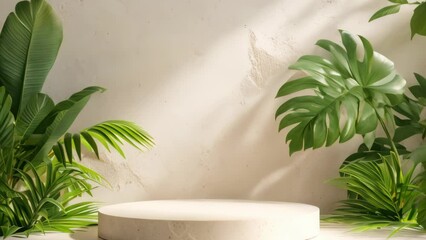 Wall Mural - 3D Podium stand with tropical leaves background. 