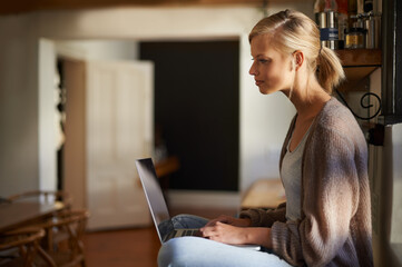 Poster - Remote work, laptop and woman reading in a house for research, planning or web communication. Freelance, typing and female person in living room with online editing, writing or checking social media