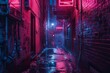 Gritty urban alley illuminated by neon lights Creating a moody and atmospheric setting for a noir-inspired scene
