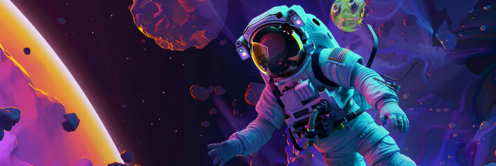 an astronaut in space, in the style of colorful landscapes, playful illustrative style, generative AI
