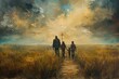 Family's journey of faith depicted in a rear view walking towards a distant cross in an open field Symbolizing guidance and devotion.