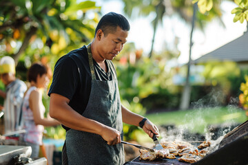 A man is grilling chicken on a grill outside. He is focused on cooking the food, using a spatula.