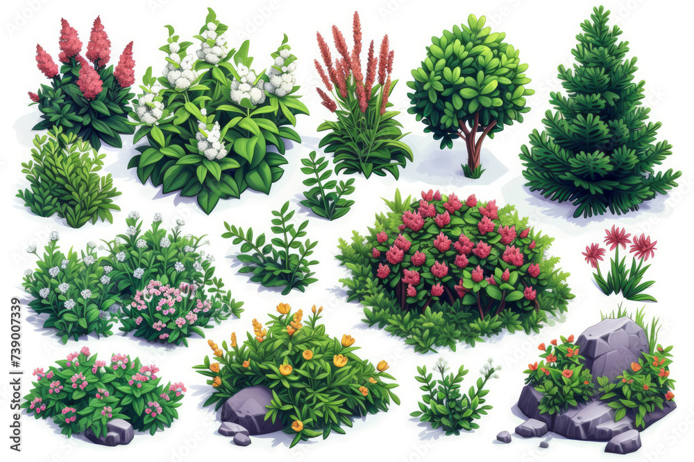 Isometric depictions of flowers, plants, and underbrush can contribute ...