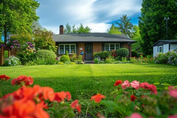 Poster - The concept of a mowed lawn. Background with selective focus and copy space