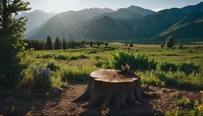 Wall Mural - a tree stump in the middle of a field with the sun shining. Generative AI.