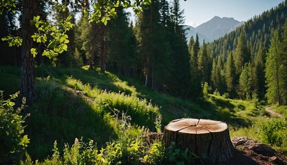 Wall Mural - a tree stump in the middle of a field with the sun shining. Generative AI.