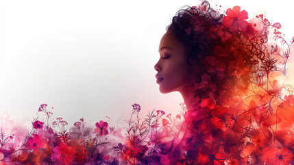 Wall Mural - black woman with flower in hair woman with flowers International Women's Day background with copy space, Women's day holiday, white background