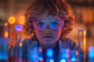 Fototapete - Generative AI : child making science experiments. Education.