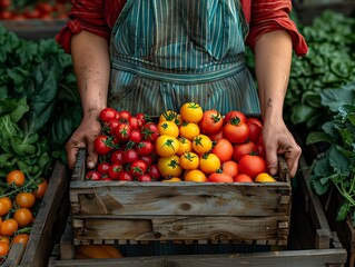 Wall Mural - Generative AI : Farmer holding wooden box full of fresh raw vegetables