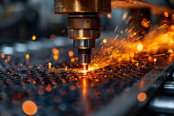 Leinwandbilder - Generative AI : Macro CNC laser machine cutting sheet metal with light spark.