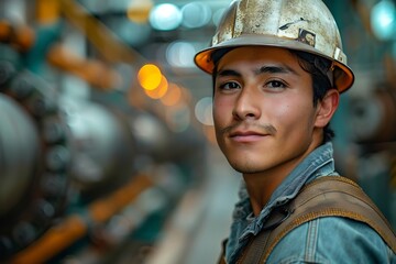 Poster - Generative AI : Portrait Professional mechanical engineering hispanic male in white safety hard hat helmet 