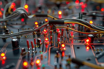 Fototapete - A close-up of electronic circuits and wires, representing a technological maze