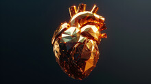 Human Heart With A Gold Texture. 3d Illustration Of A Shiny And Luxurious Organ With A Metallic Effect. Symbol Of Wealth, Success And Power. Low Poly Style Design. Black Background. Vector.