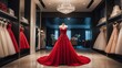 Beautiful red formal dress gown with spotlight in middle of a luxurious bridal shop setting from Generative AI