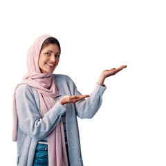 Poster - Woman, smile and showing for advertising, presentation and satisfaction with pointing. Muslim, hijab and hands with portrait, face and happiness for culture isolated on a transparent, png background