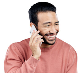 Poster - Asian man, phone call and laughing for funny conversation, discussion or joke. Happy male and talking on smartphone for fun chat, communication and joy isolated on a transparent, png background