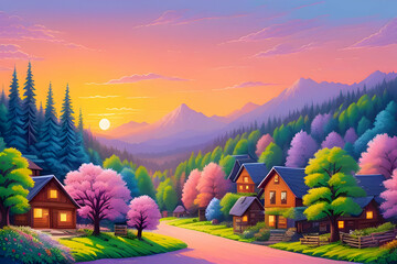 Wall Mural - Beautiful and colorful illustration of a village with trees, flowers and peaceful sky, landscape, countryside, serene, tranquil, vibrant