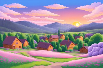 Wall Mural - Beautiful and colorful illustration of a village with trees, flowers and peaceful sky, landscape, countryside, serene, tranquil, vibrant