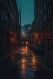 Fototapeta Uliczki - Mysterious Urban Night: Glistening Streets and Parked Cars
